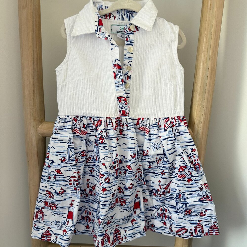 Classic Prep Childrenswear Sailing Print Button Collared Dress, Size 5